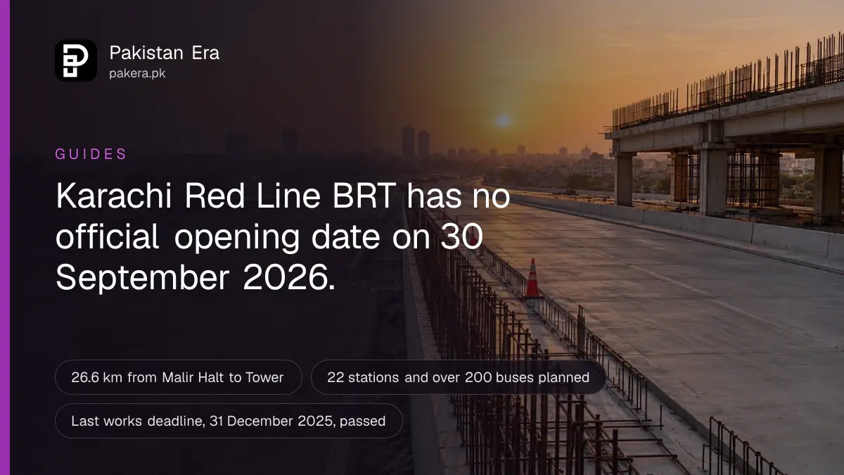 A wide concrete bus corridor under construction at golden hour in Karachi