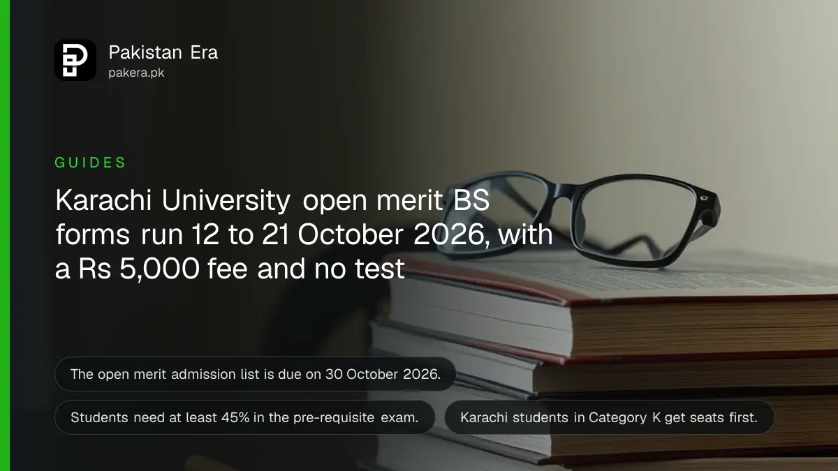 A stack of hardback books with reading glasses and a pencil on a wooden table, for a guide to University of Karachi open merit BS admission 2027