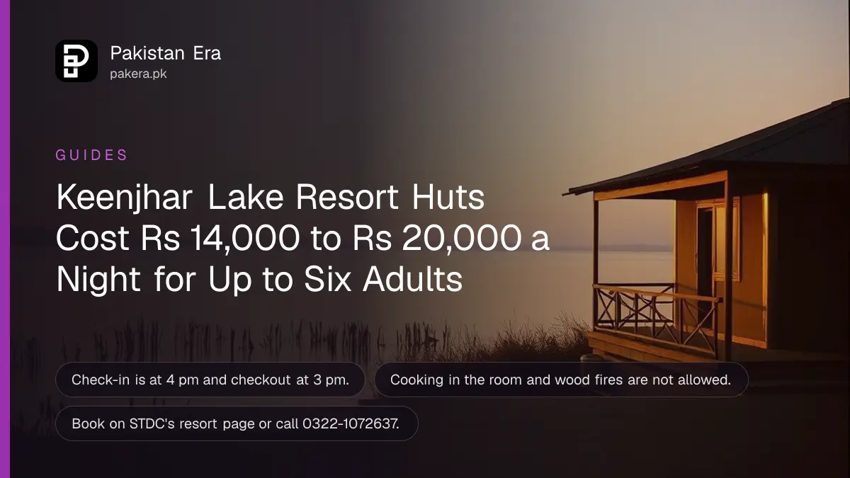 Small lakeside huts with shaded verandas facing a wide calm lake at sunset in Sindh