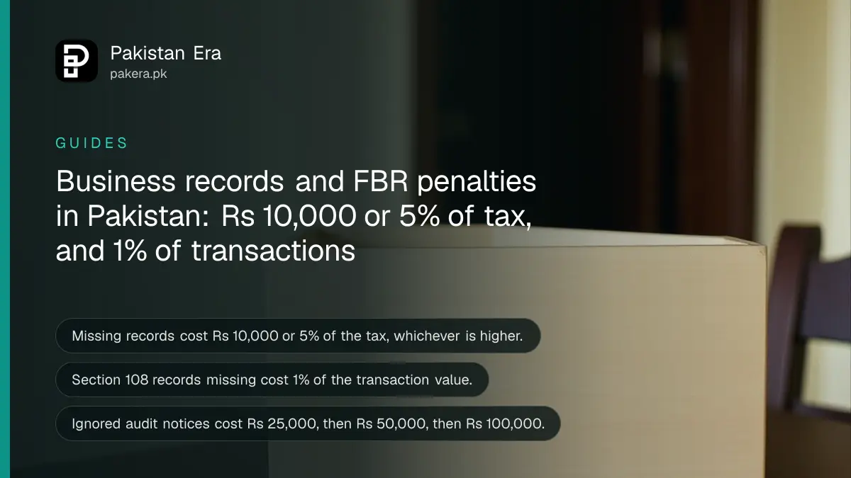 A wooden filing box and a pencil on a dark table, for a guide to FBR record keeping penalties in Pakistan