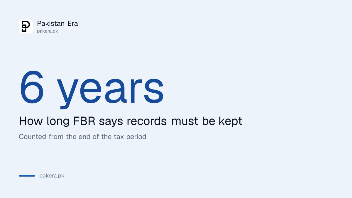 Sales tax records must be kept for six years after the tax period, per FBR
