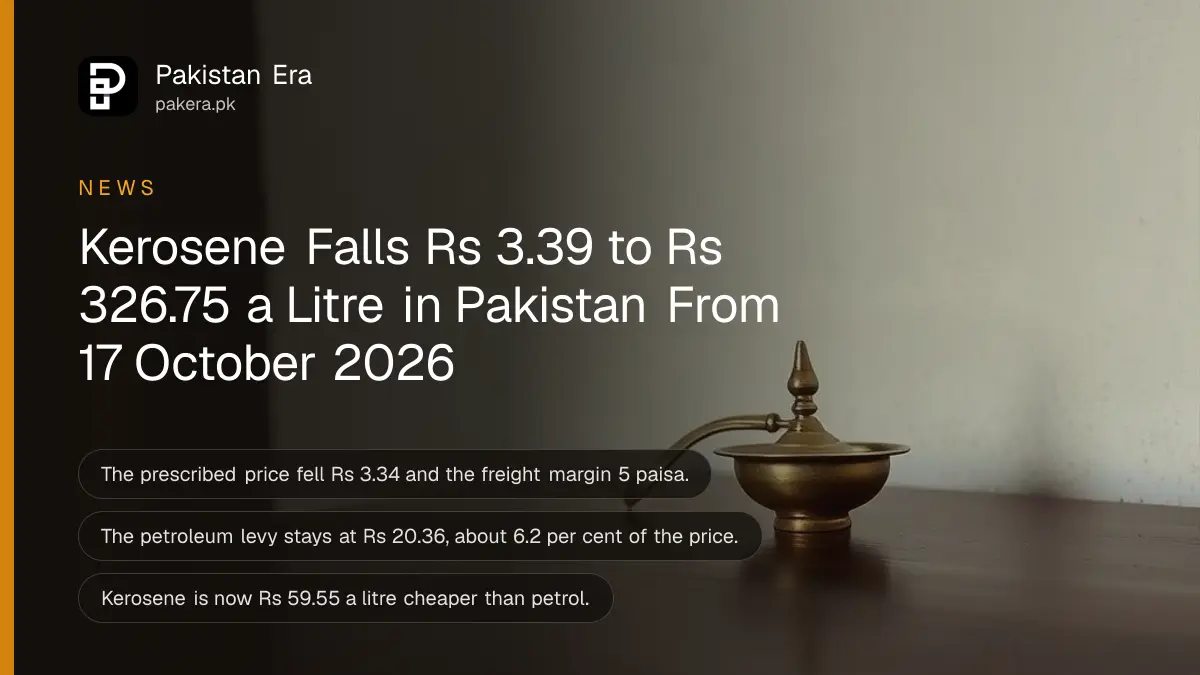 A brass oil lamp on a dark wooden table against a plain cream wall, for the kerosene price in Pakistan from 17 October 2026