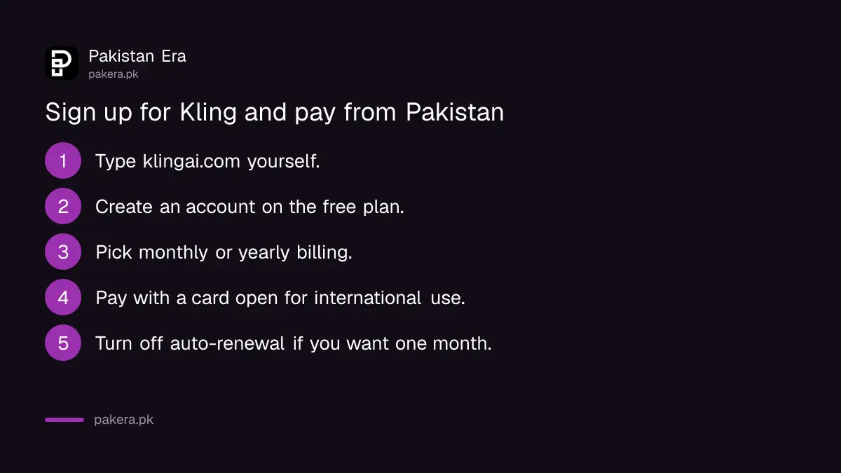 Five steps to sign up for Kling AI and pay from Pakistan