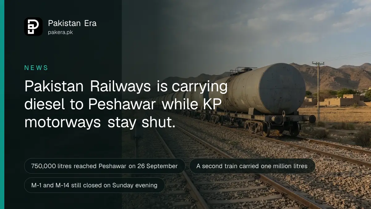 A line of plain tank wagons on a railway track near Peshawar in late afternoon light, with hills in the distance