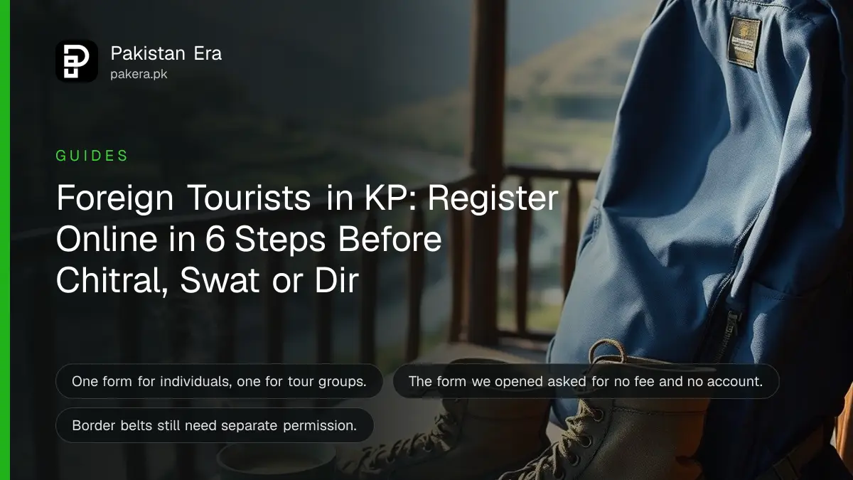 A traveller's backpack and walking boots on a wooden guesthouse veranda overlooking a green valley in Khyber Pakhtunkhwa