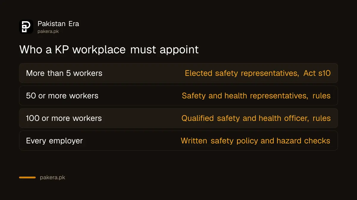 Worker thresholds for safety representatives and safety officers under the KP Occupational Safety and Health Rules 2026