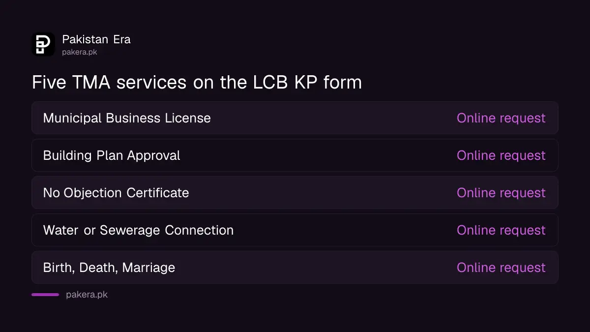 Five TMA services on the KP Local Council Board online form: business licence, building plan, NOC, water or sewerage connection, birth death or marriage registration