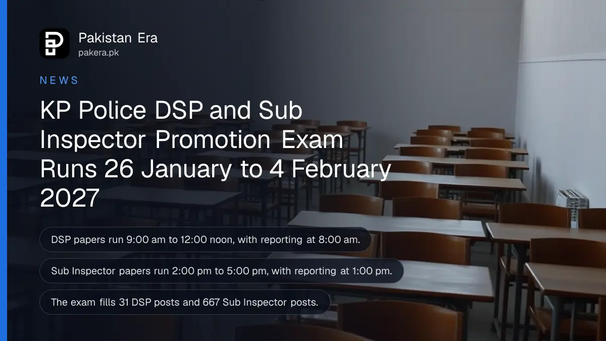 Rows of empty wooden desks in a quiet examination hall in winter light
