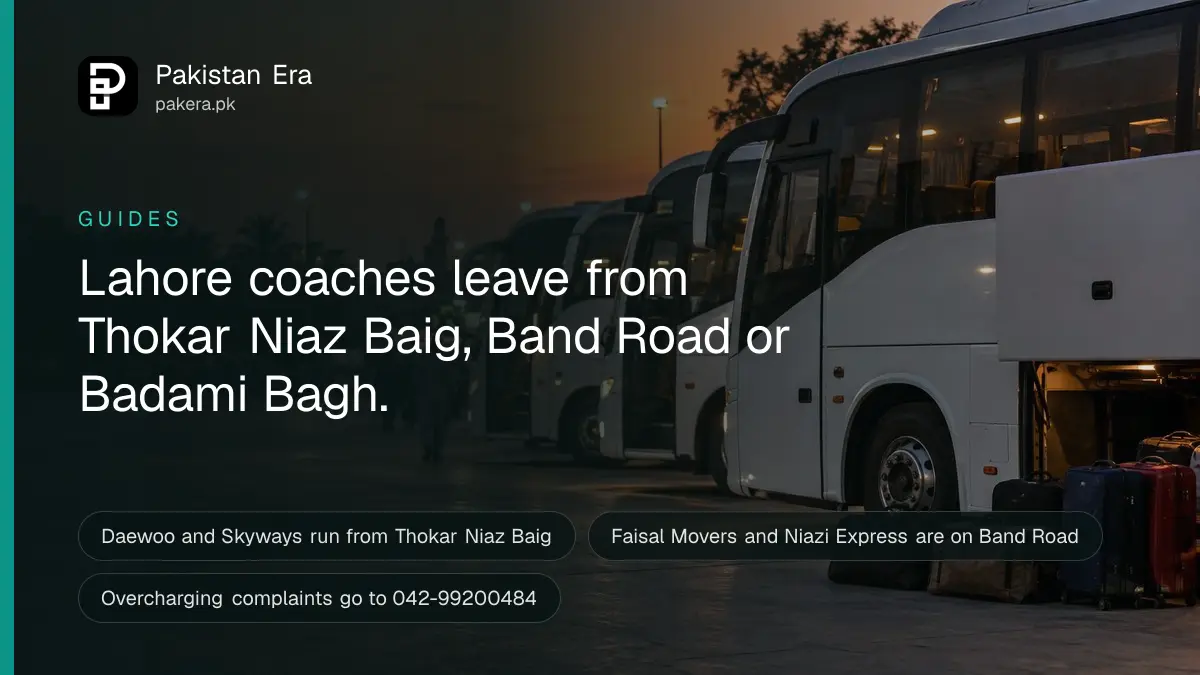 A row of intercity coaches parked side by side at a Lahore bus terminal at dusk