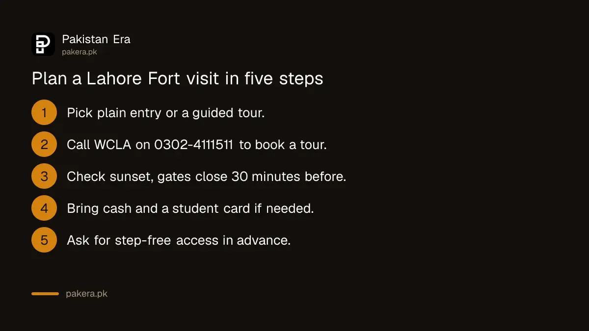 Steps to plan a Lahore Fort visit: pick a ticket, book a tour, check sunset, bring ID