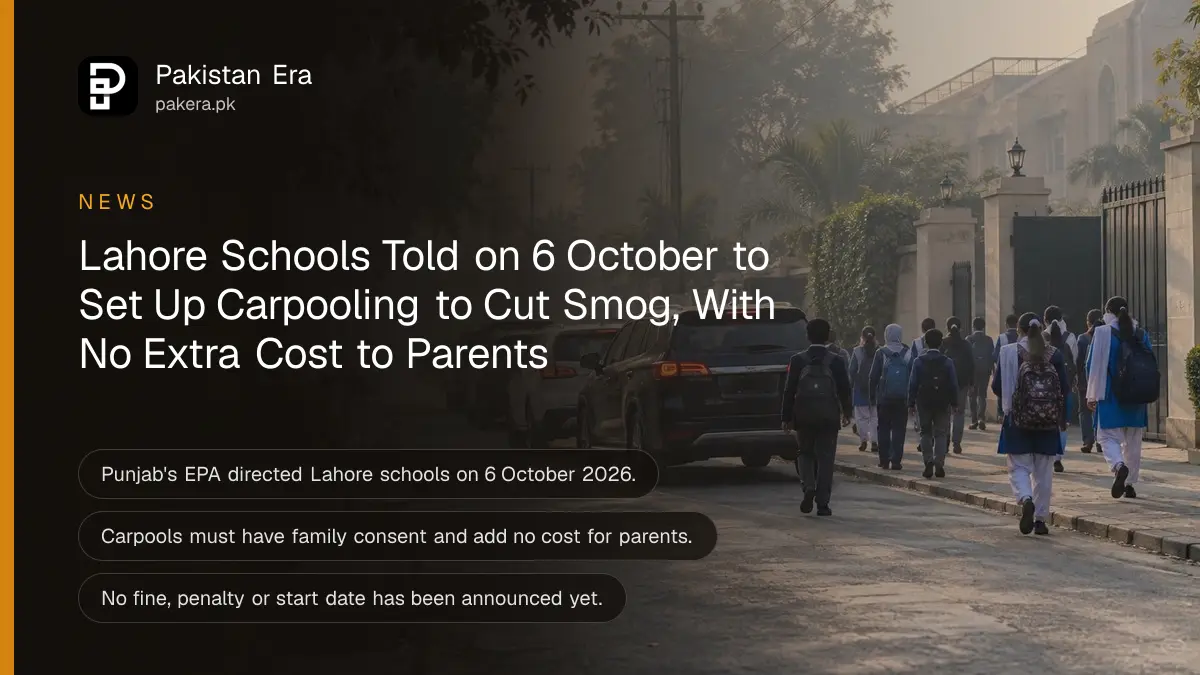 Cars waiting in a hazy morning queue outside a school gate in Lahore with children in uniform walking in the background, out of focus