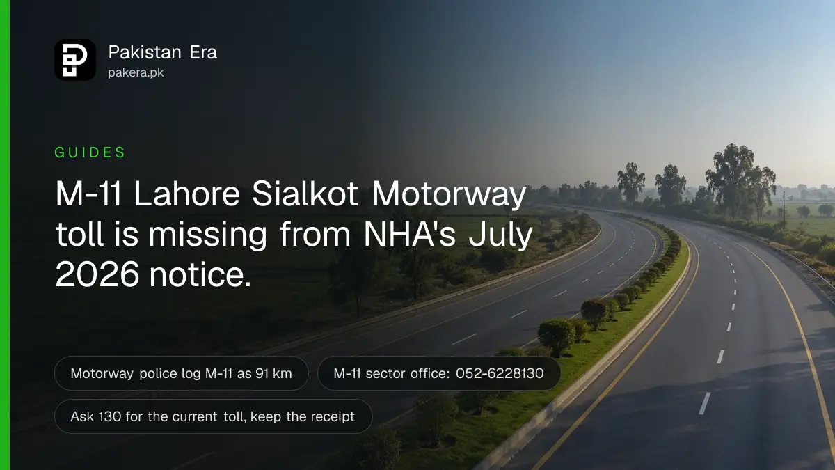 A wide four lane motorway curving through green wheat fields in Punjab under a clear morning sky