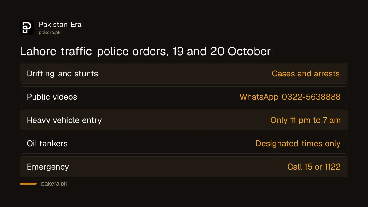 Lahore traffic police orders of 19 and 20 October 2026 on drifting, one-wheeling and heavy vehicles