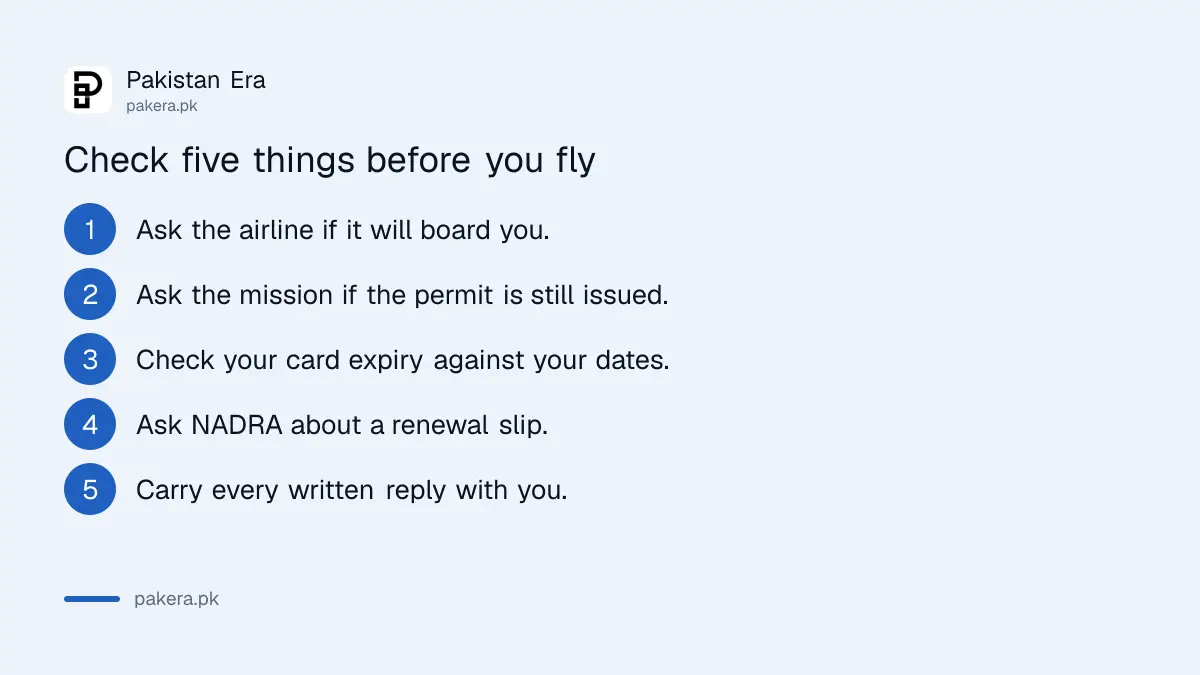 Five steps to check a landing permit for an expired NICOP or POC before flying to Pakistan