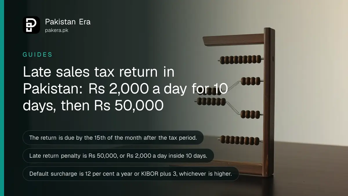 An abacus on a dark wooden table, for a guide to the late sales tax return penalty and default surcharge in Pakistan