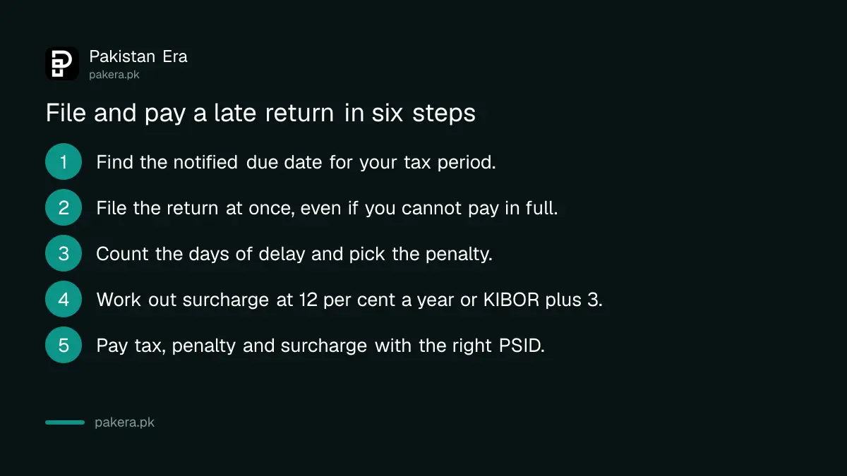 Six steps to file and pay a late sales tax return in Pakistan with penalty and surcharge