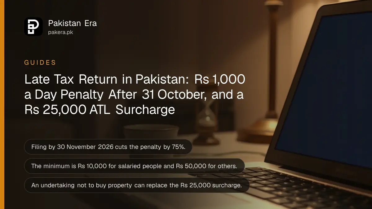 A laptop glowing on a home table at night beside a brass hourglass and a cup of tea