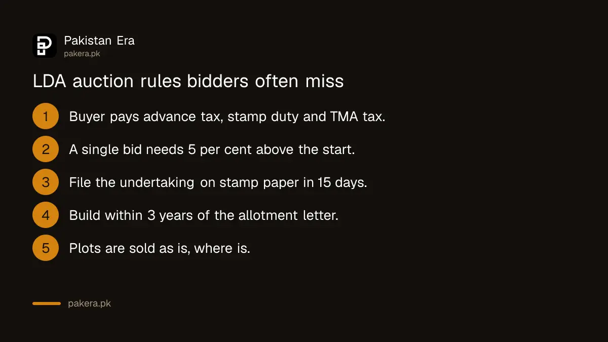Key LDA auction rules for 3 November 2026: taxes, single bid, undertaking, building period and as is where is