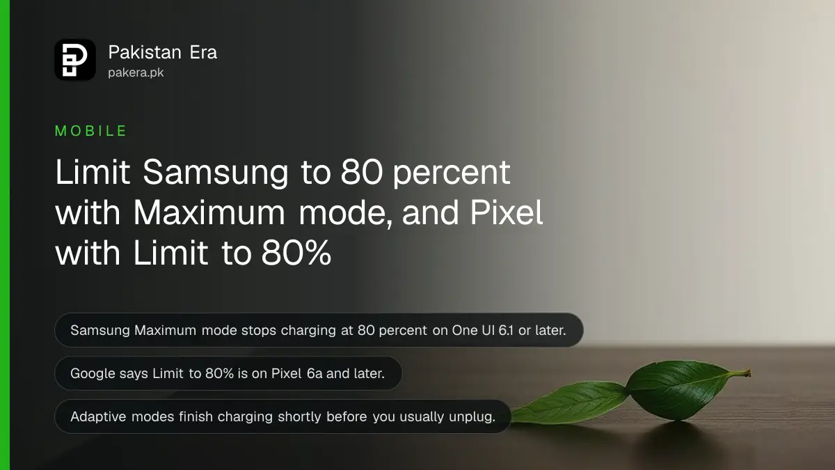 A green leaf on a dark wooden table, for a guide to limiting battery charge on Samsung and Pixel phones in Pakistan