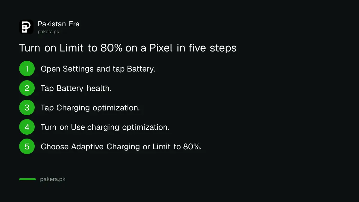 Steps to turn on Limit to 80 percent on a Google Pixel phone