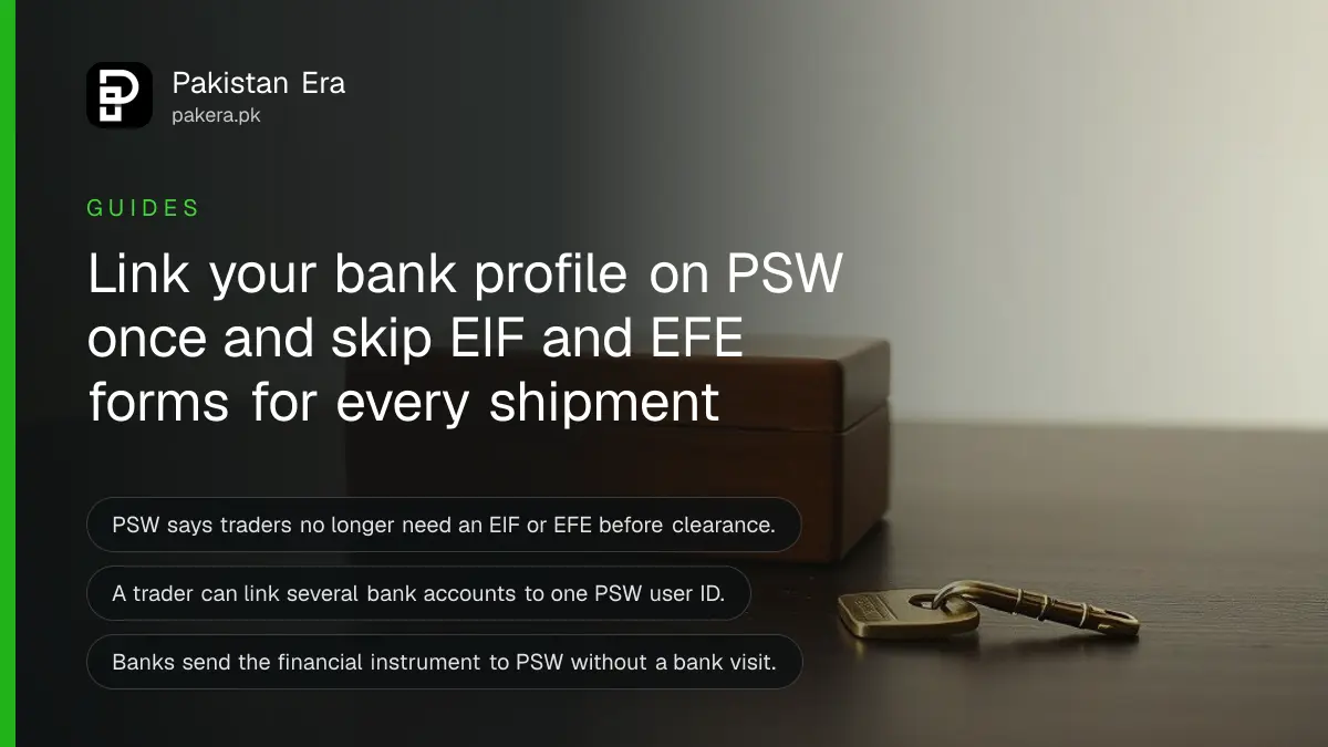 A plain brass key beside a small wooden box on a dark table, for a guide on linking a bank profile to Pakistan Single Window