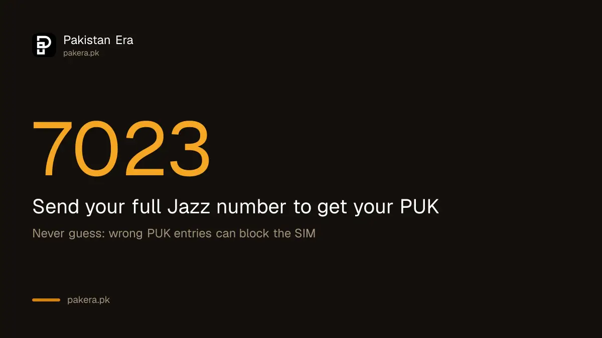 Jazz PUK code by SMS to 7023, and a warning never to guess a SIM PIN or PUK