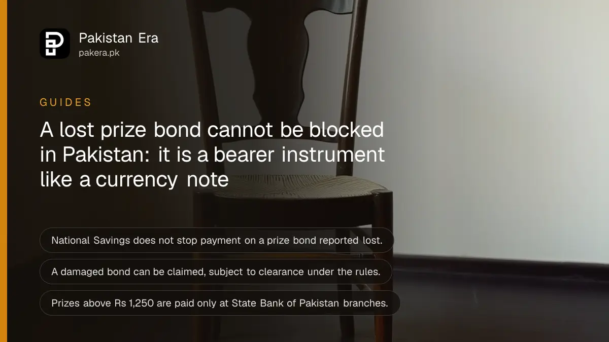 A wooden chair with a woven seat in an empty room, for a guide on lost and damaged prize bonds in Pakistan