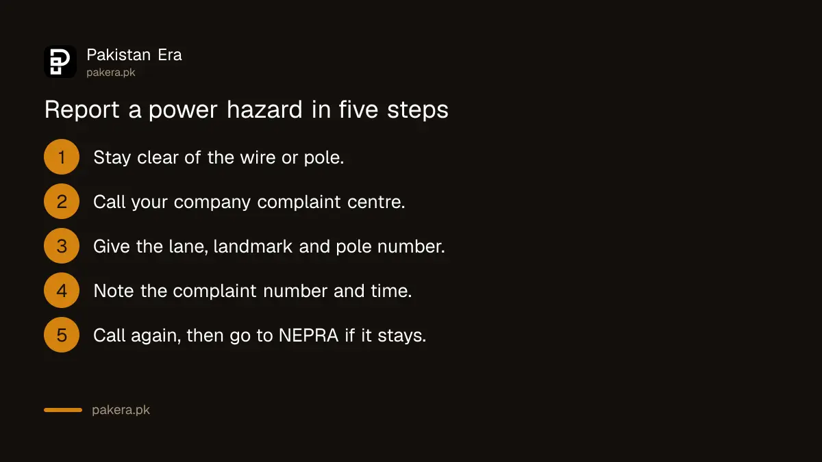 Five steps to report a power hazard such as a fallen wire or a sparking pole