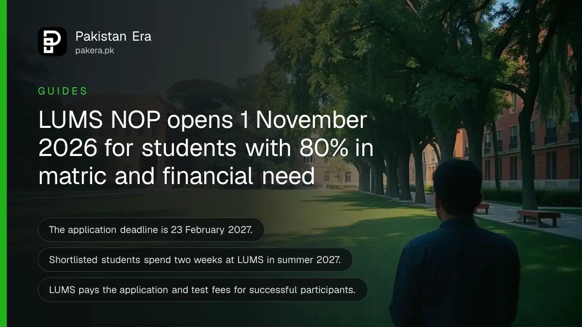 A green university lawn in Lahore with trees and red brick buildings in morning light, for a guide to the LUMS NOP scholarship