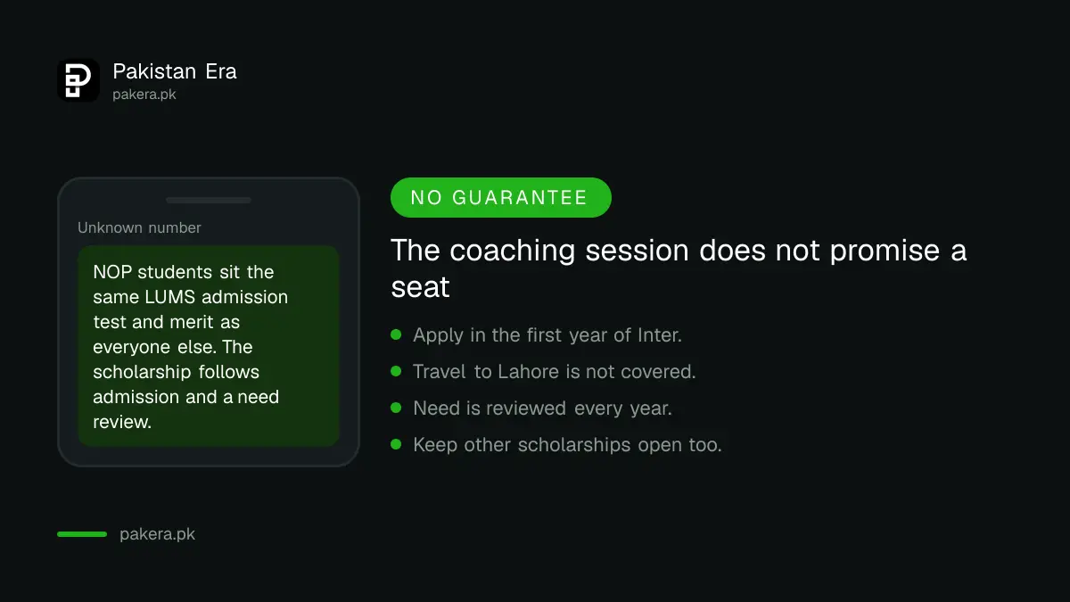 Warning that attending the LUMS NOP coaching session does not guarantee admission or a scholarship