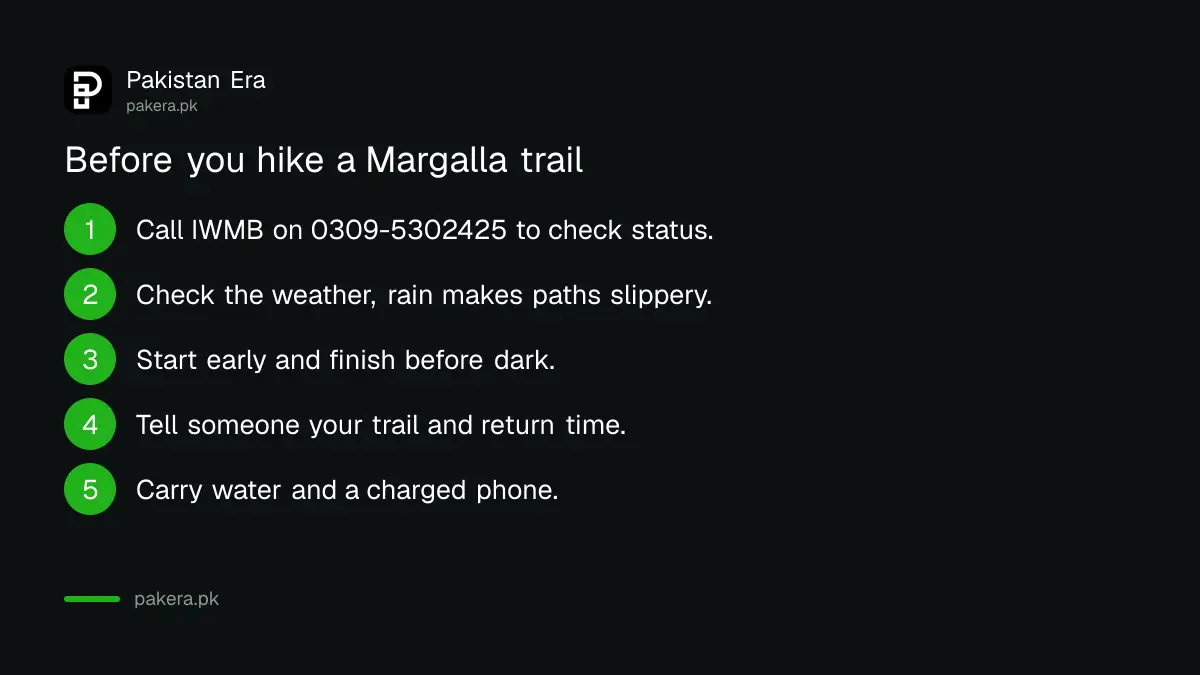 Steps before hiking a Margalla Hills trail: call IWMB, check weather, start early
