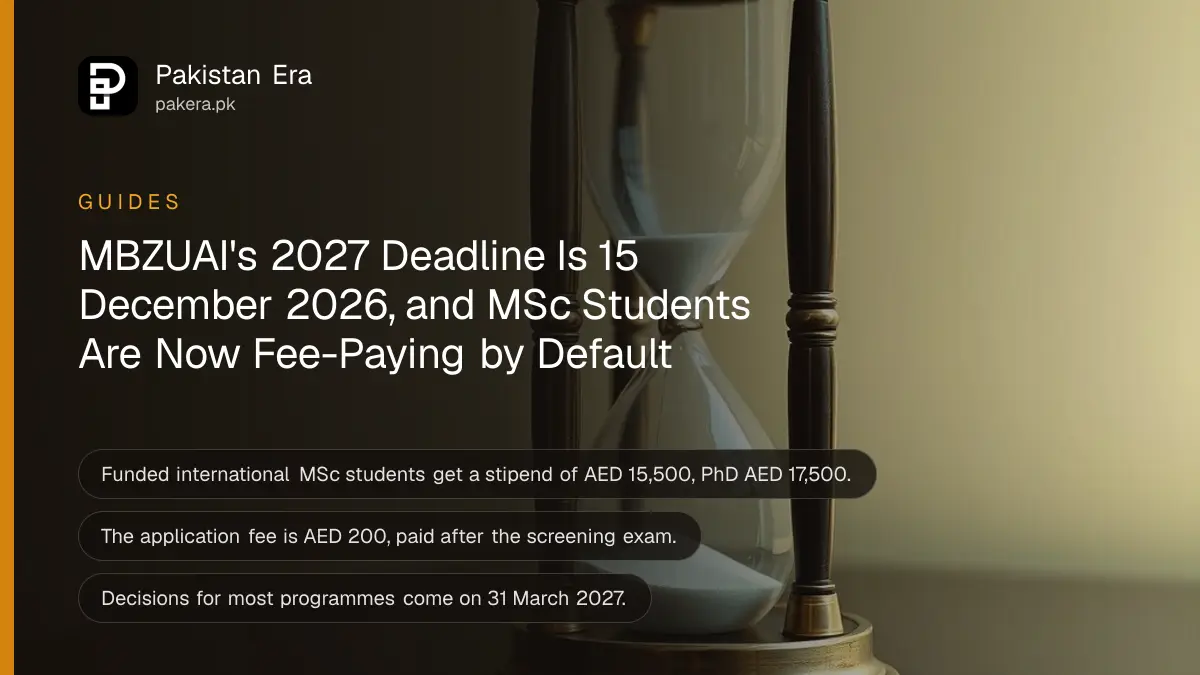 A small brass hourglass on a dark wooden table against a plain cream wall, for the MBZUAI 2027 admission deadline