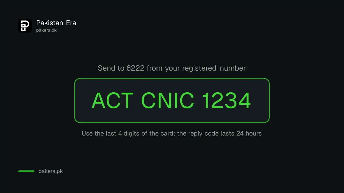 MCB ATM card activation SMS format sent to 6222 with CNIC and last four card digits