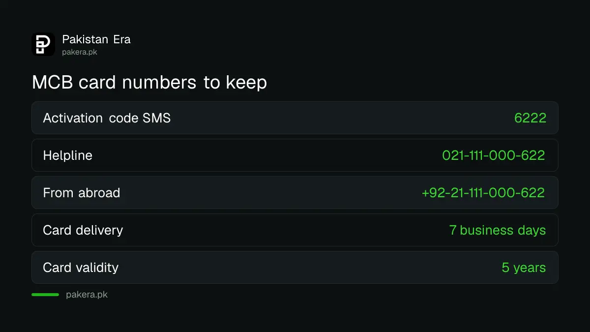 MCB card numbers in Pakistan: 6222 for the code, 021-111-000-622 helpline, 7 business days delivery