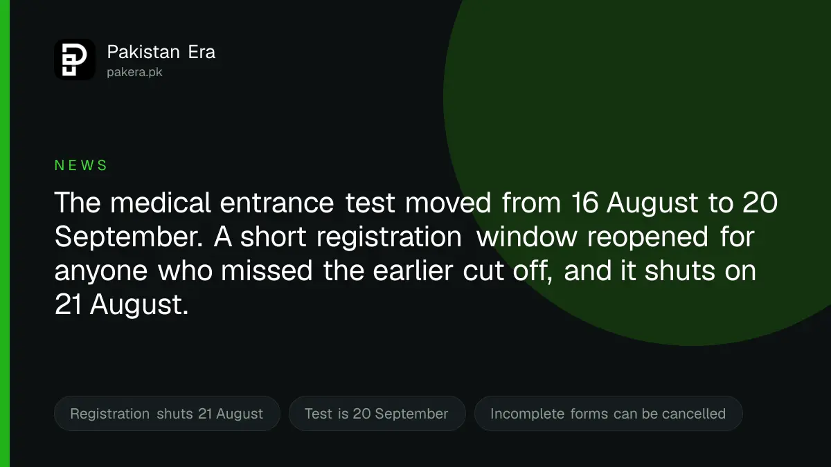 MDCAT 2026 registration deadline and rescheduled test date