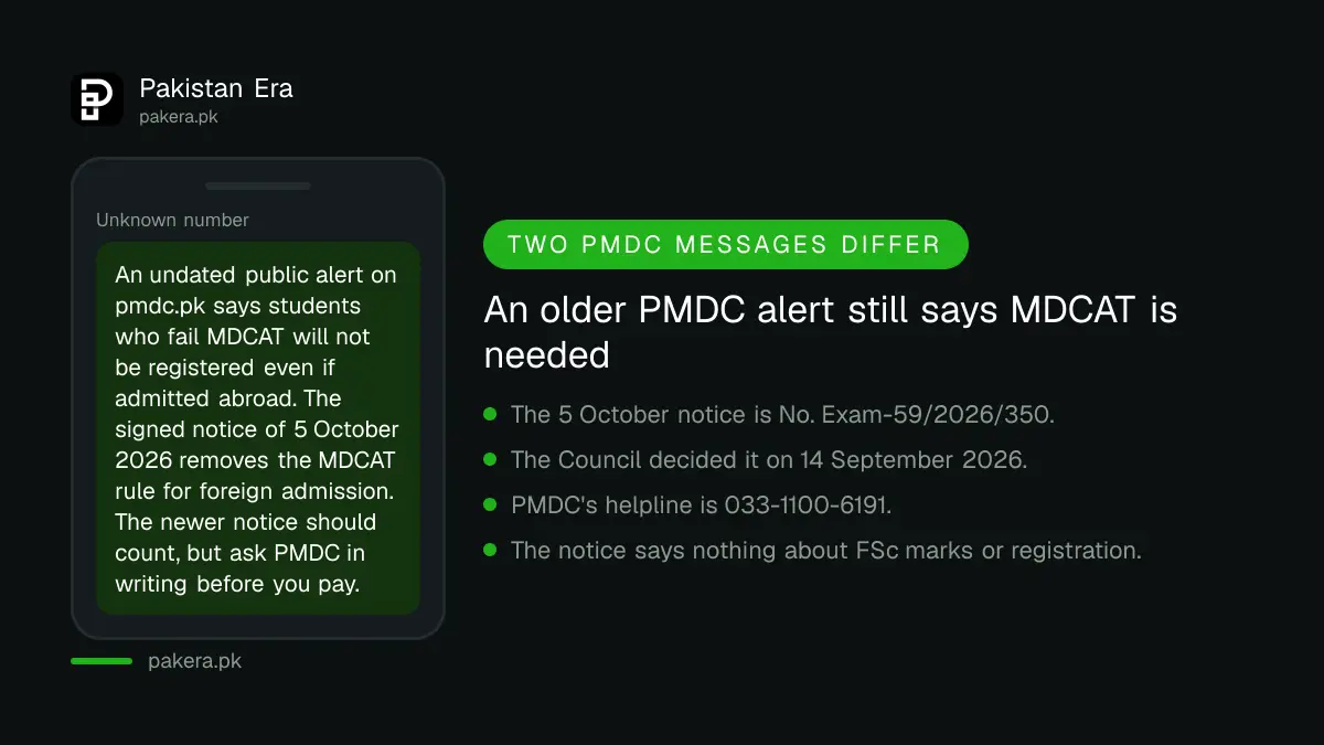 Warning that an older PMDC alert still says MDCAT is needed, while the 5 October 2026 notice removes it for foreign admission
