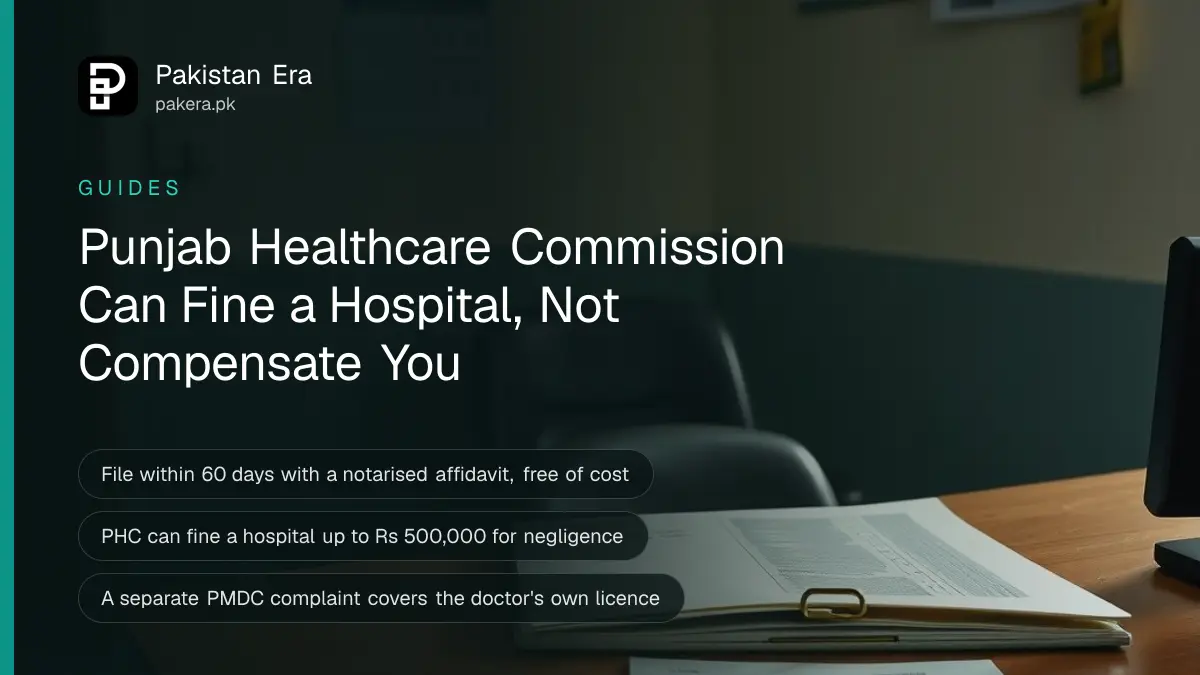 A quiet hospital reception desk in Lahore with a patient file and a notarised affidavit paper on the counter