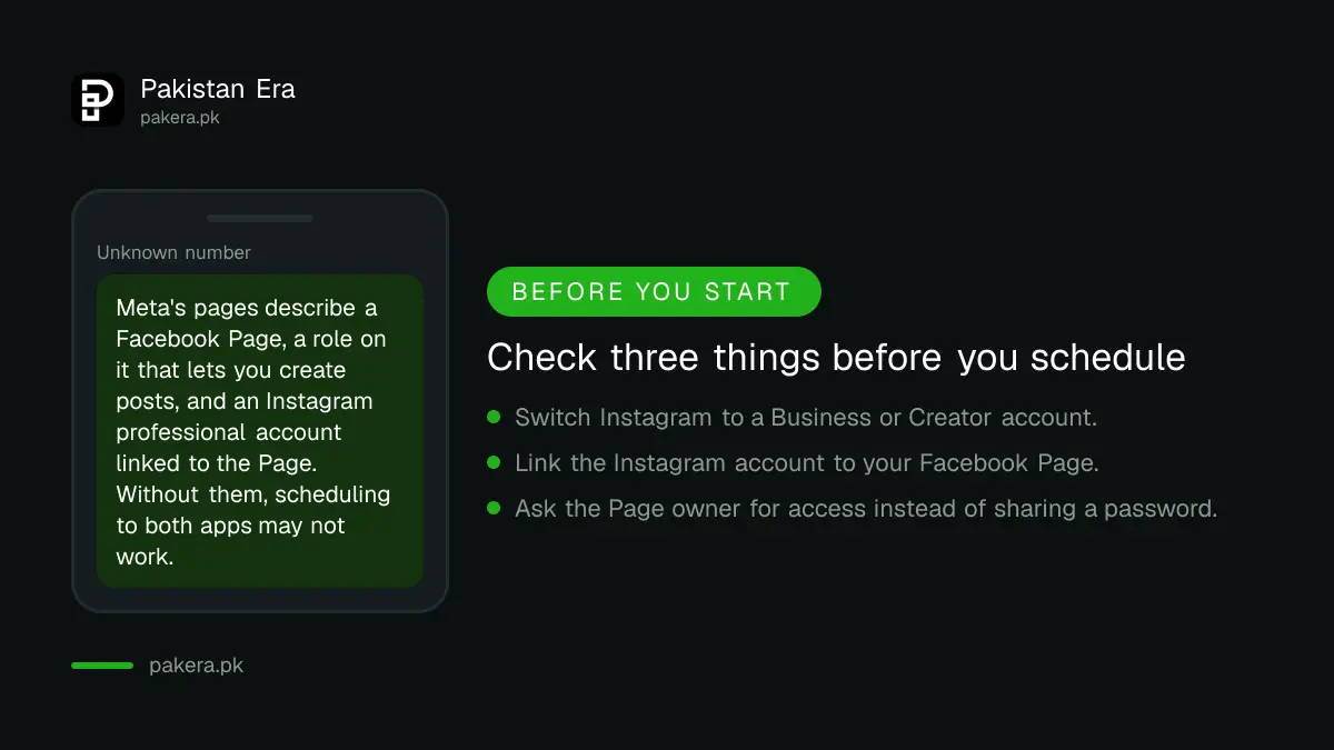 Checklist of a Facebook Page, a role on it and a professional Instagram account needed for Meta Business Suite scheduling