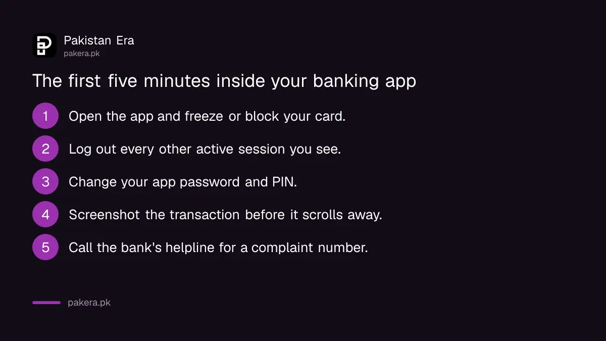 Five step graphic for the first five minutes after spotting fraud inside a banking app