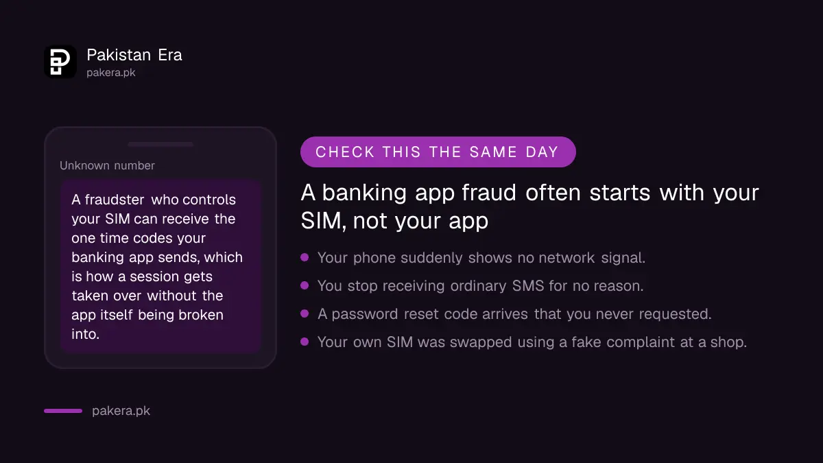 Warning graphic on how a SIM swap can lead to a mobile banking app takeover