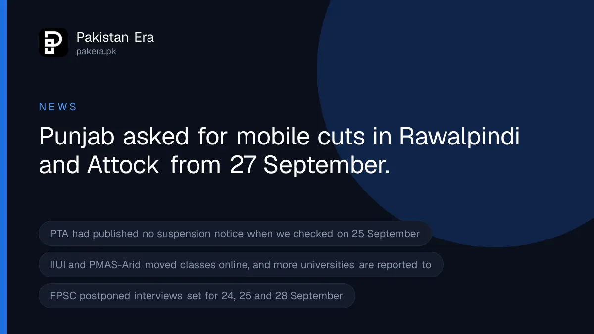 Mobile and internet cuts expected in Islamabad, Rawalpindi and Attock on 26 and 27 September 2026