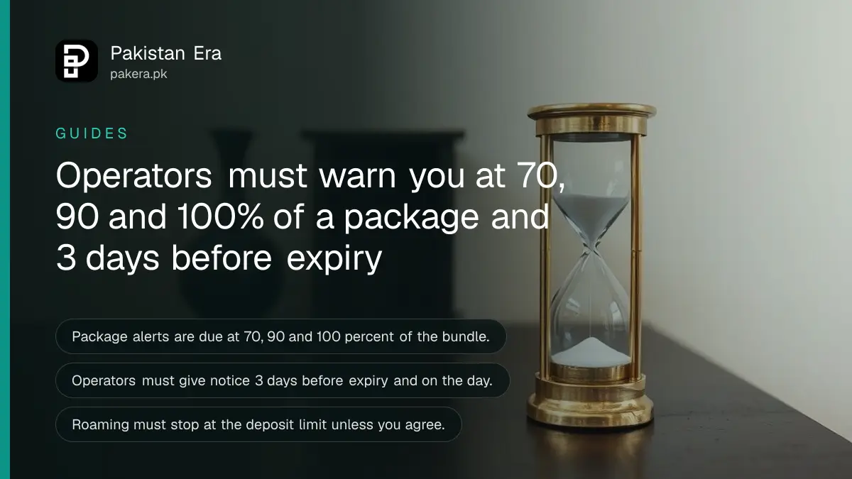 A brass hourglass on a dark wooden table, for a guide to mobile package expiry and usage alerts in Pakistan