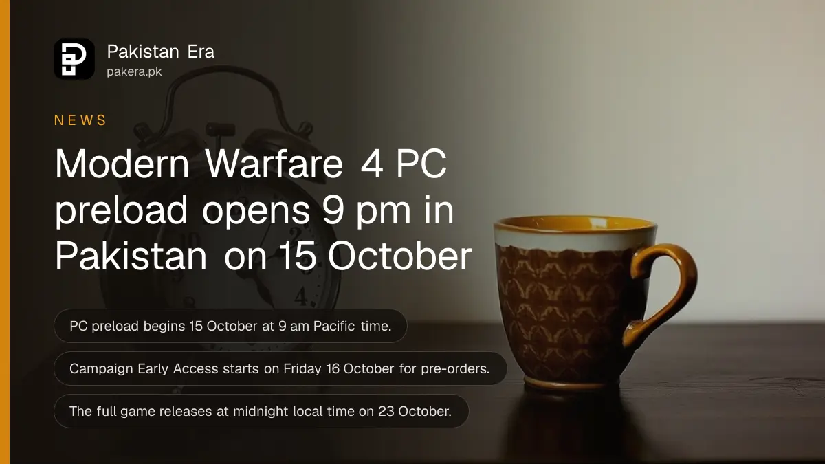 A vintage alarm clock and a ceramic cup on a dark wooden table, for news on Modern Warfare 4 preload time in Pakistan