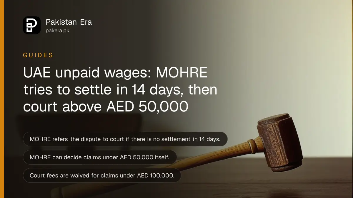 A wooden gavel on a dark wooden table, for a guide to filing a MOHRE labour complaint in the UAE