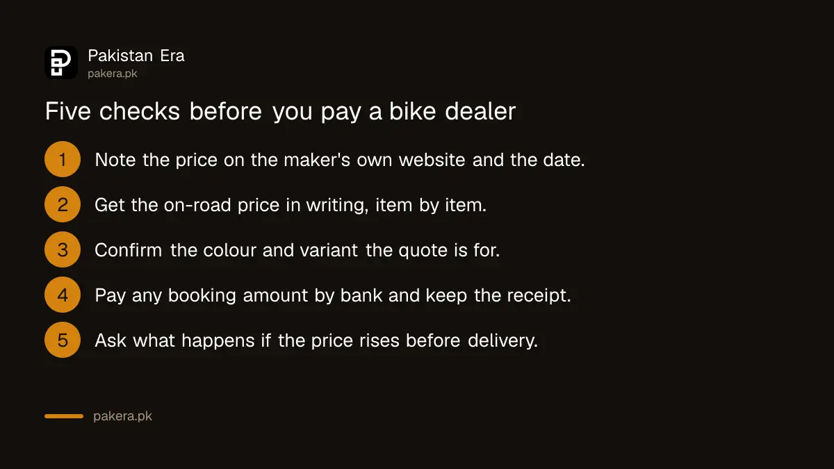 Five checks to make before paying a motorcycle dealer in Pakistan