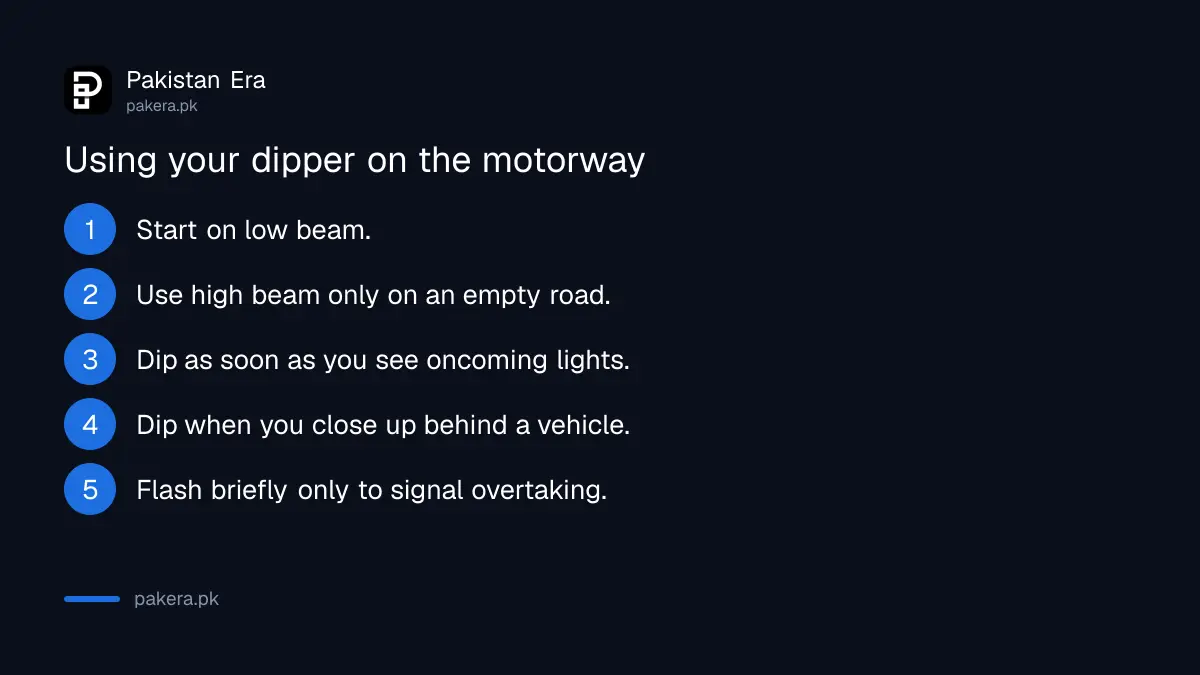 Five steps for using headlight dippers correctly on a motorway