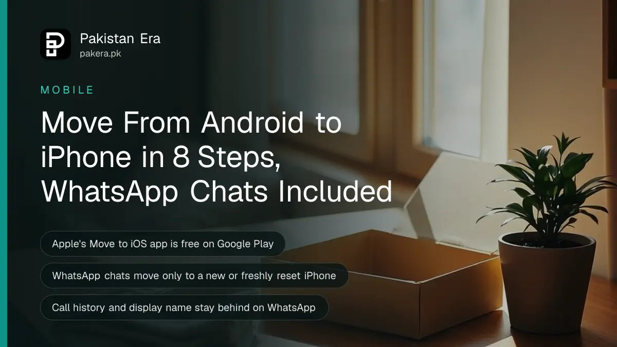 An open empty gift box and a folded cloth on a wooden table by a sunny window in an Islamabad flat, for a guide to moving from Android to iPhone