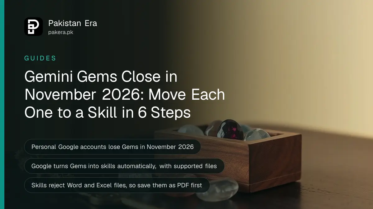 Polished gemstones in a small wooden box beside a brass key on a dark wooden table, for a guide on moving Gemini Gems to skills before November 2026