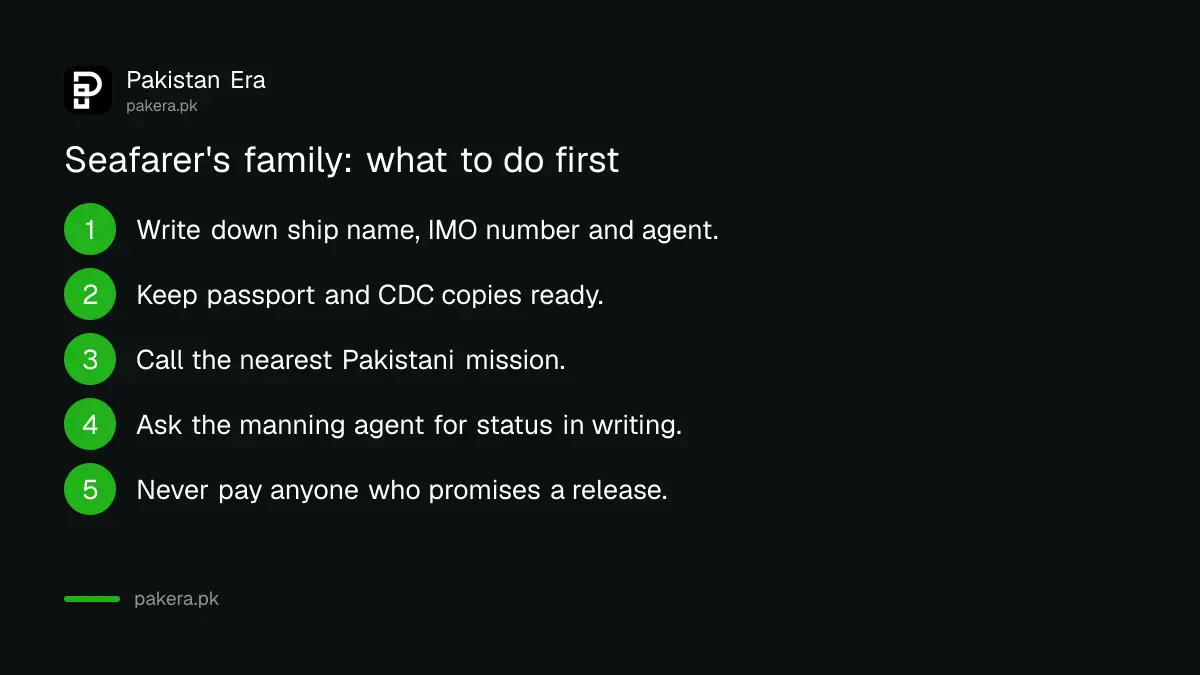 Five steps for a seafarer's family when a ship is attacked or held: record ship details, call the mission, keep written proof