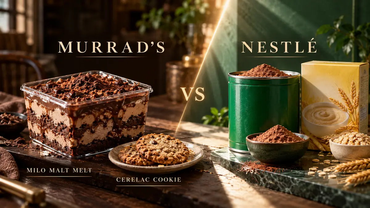 Murrad's Milo Malt Melt and Cerelac Cookie desserts set beside malt powder and cereal under a Murrad's vs Nestlé title
